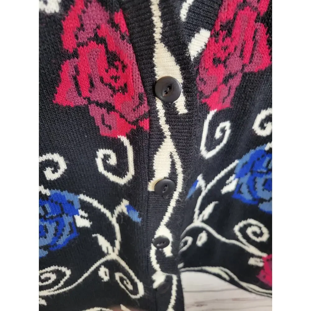 Vtg Maggie McNaughton Cardigan Sweater Black Red Blue Floral Knit Women's 1X‎